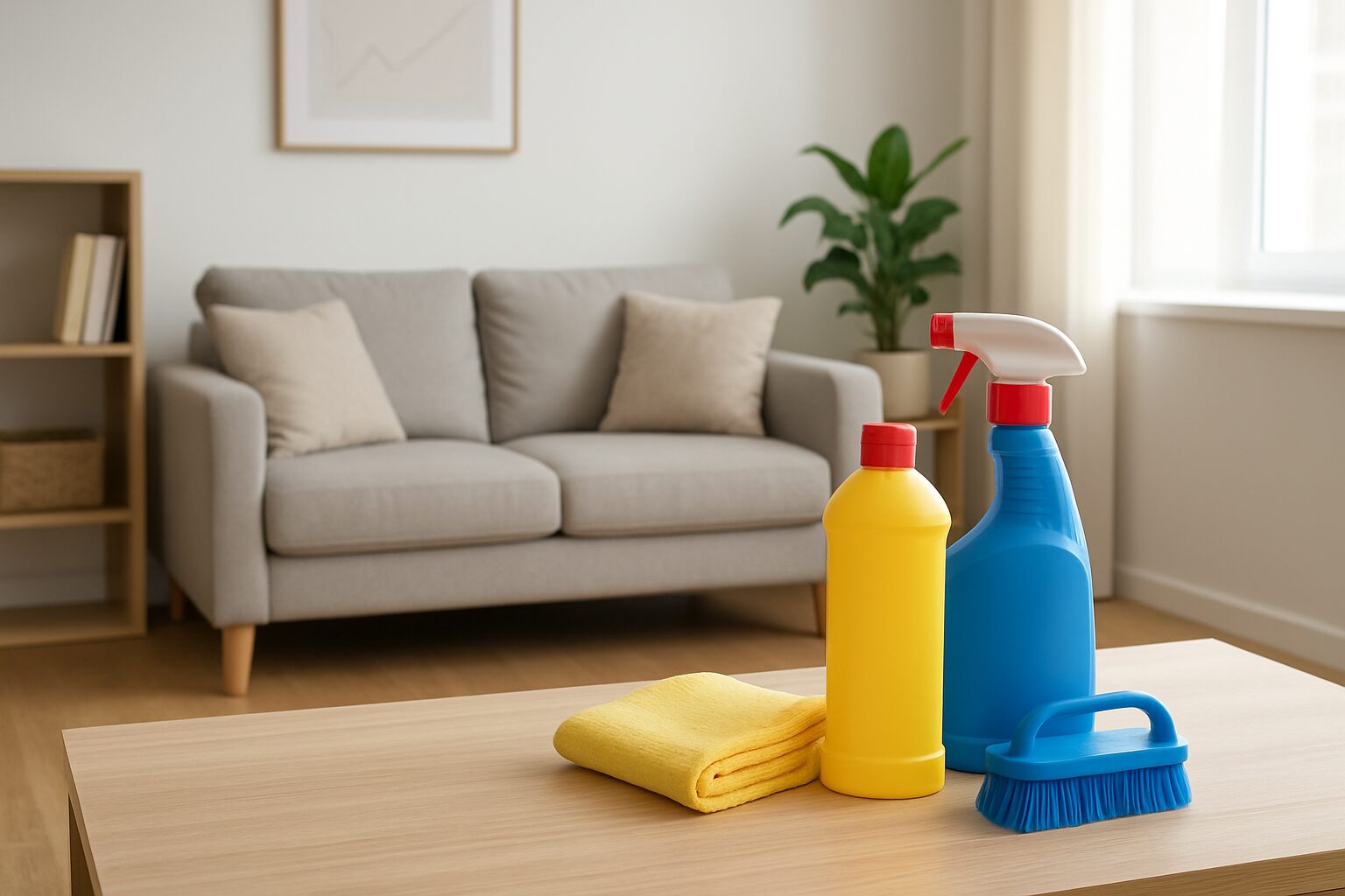 cleaning supplies including spray bottles, cloth, and a brush on a wooden table