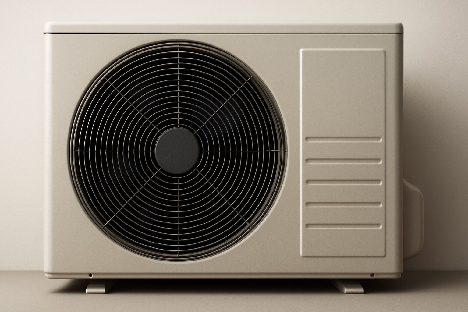 Close-up of a beige heat pump unit mounted on a wall