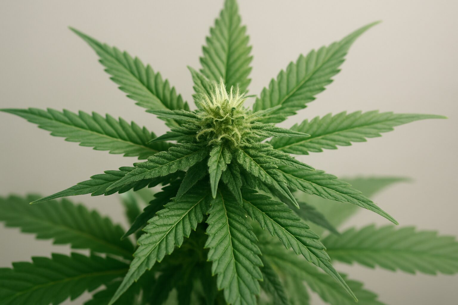Close-up view of a healthy cannabis plant with lush green leaves and developing buds.
